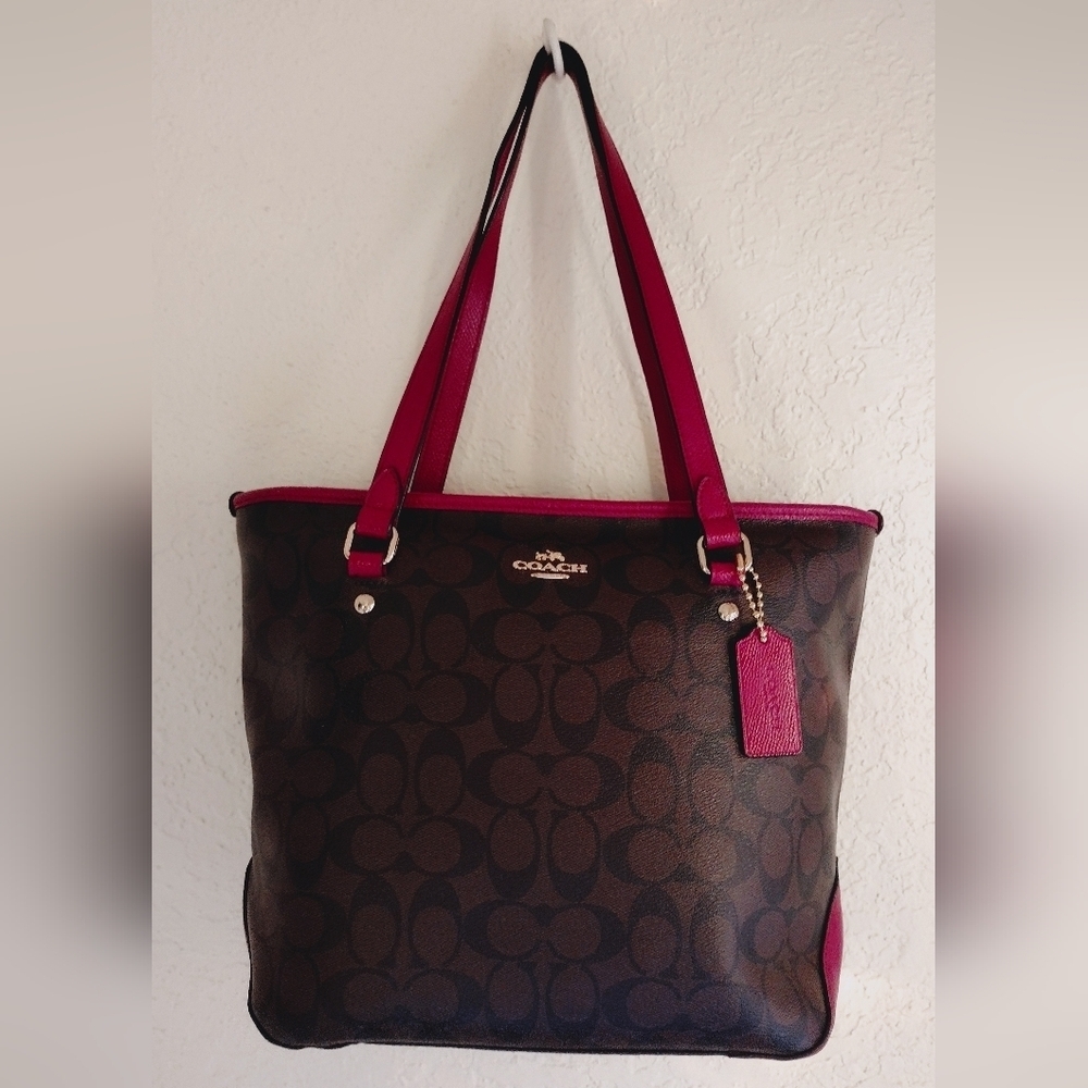 Coach Signature Zip Top Tote F34603 Purple Pink Leather